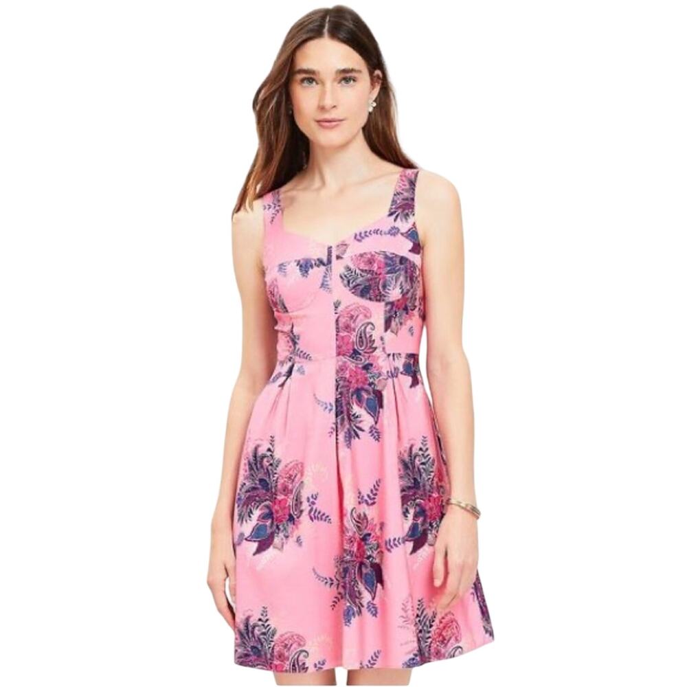 LOFT Pink Floral Square-Neck Fit & Flare Mini Dress